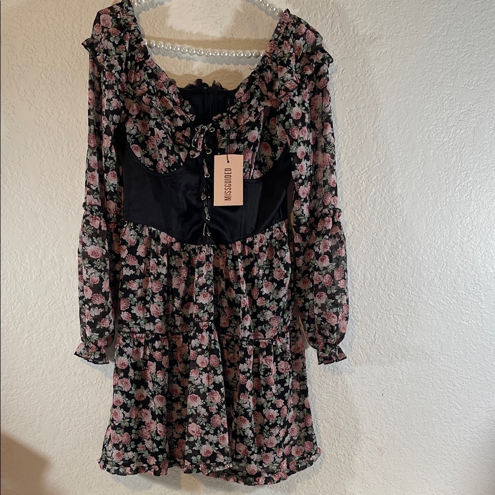 MISSGUIDED Size 4 Black Floral Print Bust Cup Corset Romantic Dress NEW - Picture 2 of 12